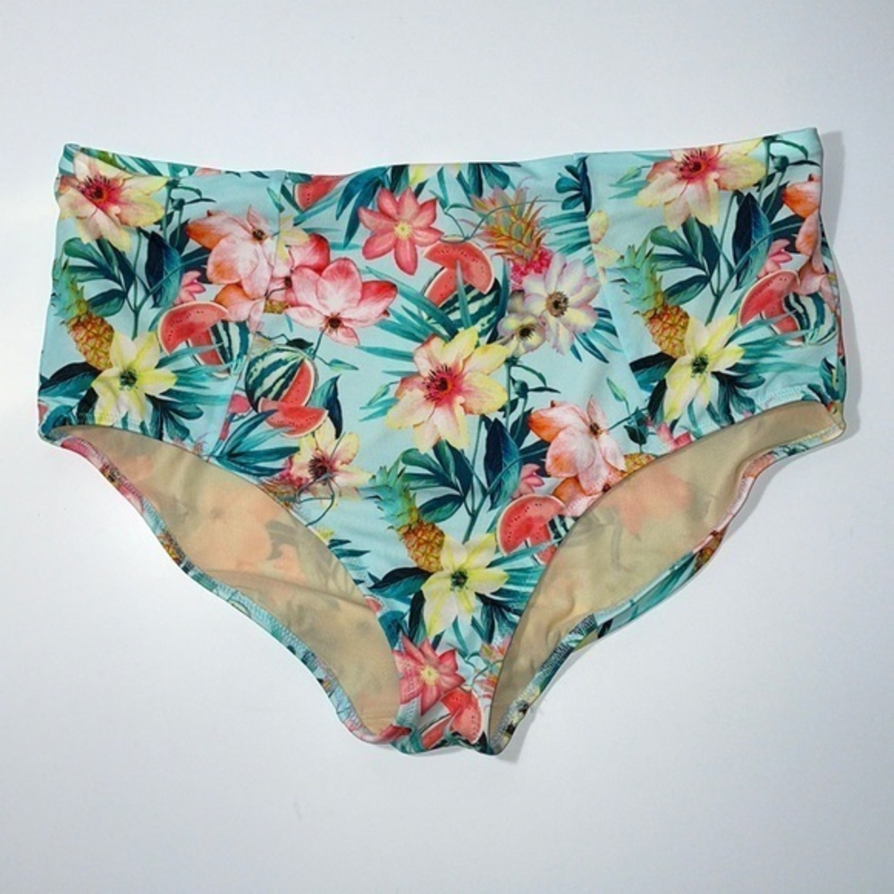Elomi tropical floral bathing swim suit bottoms. Size 14. Green, pink & yellow.
